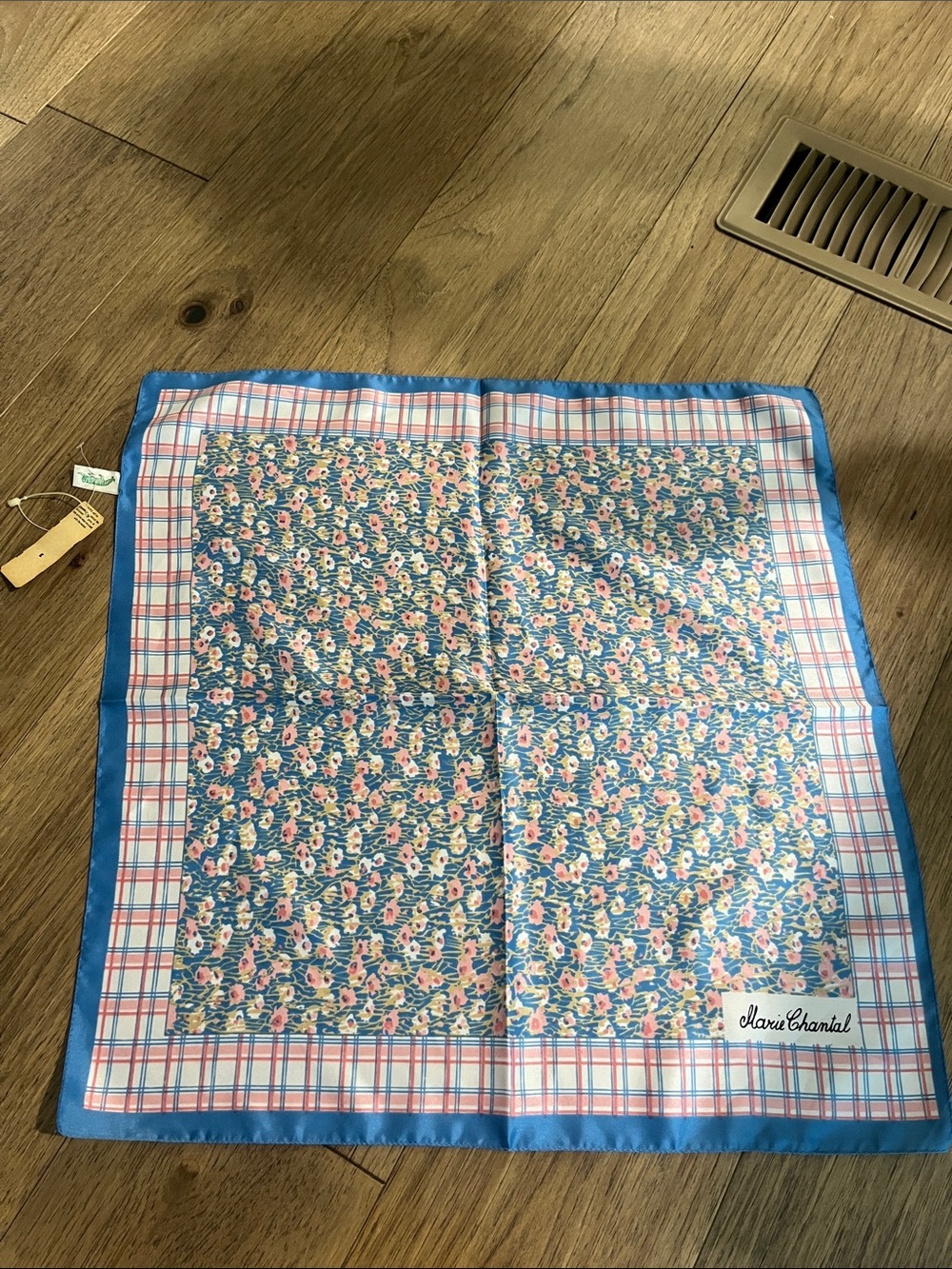 NWT Marie Chantal Blue Floral and Pink Plaid Silk Scarf
